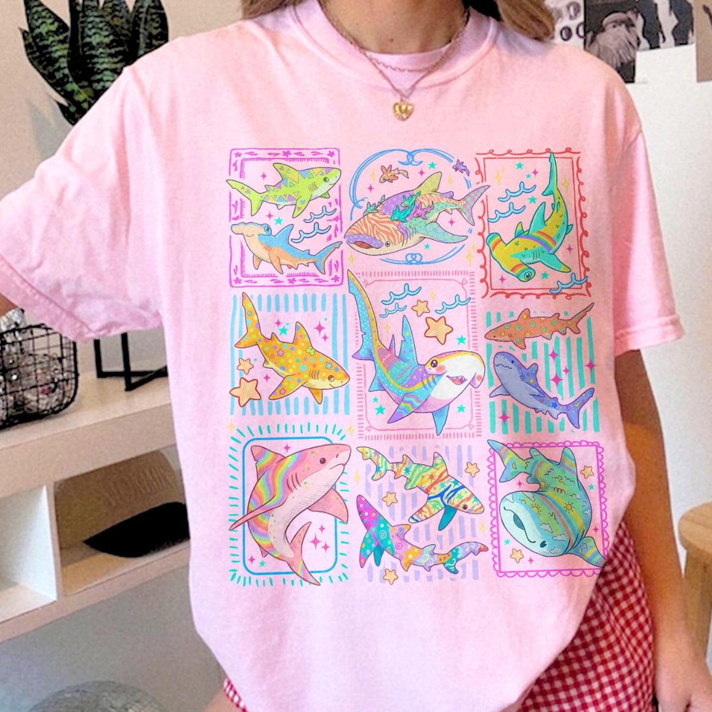 Shark Tropical Ocean Stamps Coastal Beach Summer Tee