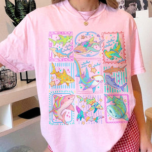 Shark Tropical Ocean Stamps Coastal Beach Summer Tee