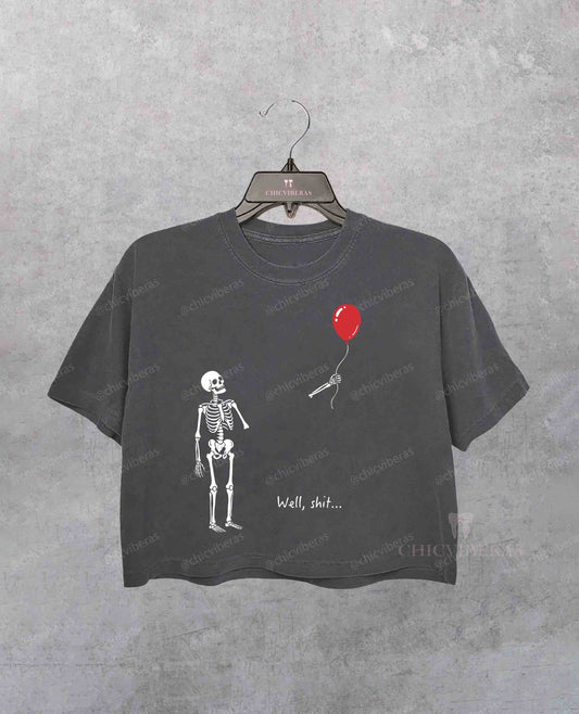 Skeleton Lost Balloon Well Shit Funny Skeleton Crop Shirt