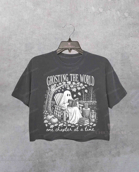Ghosting The World Retro Bookish Fall Crop Shirt