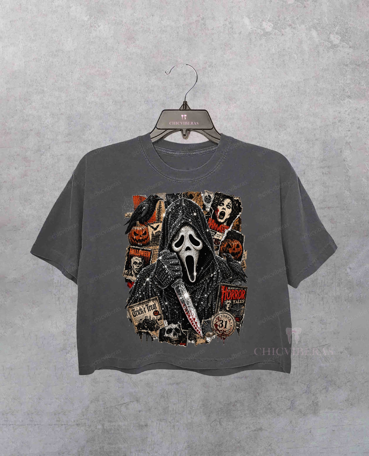 Hooded Scary Mask Vintage Horror Crop Shirt
