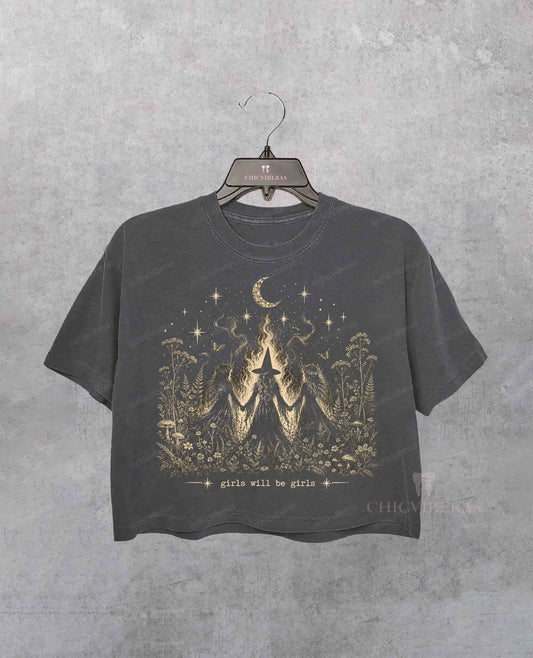 Vintage Girls Witchy Halloween Feminist Crop Shirt