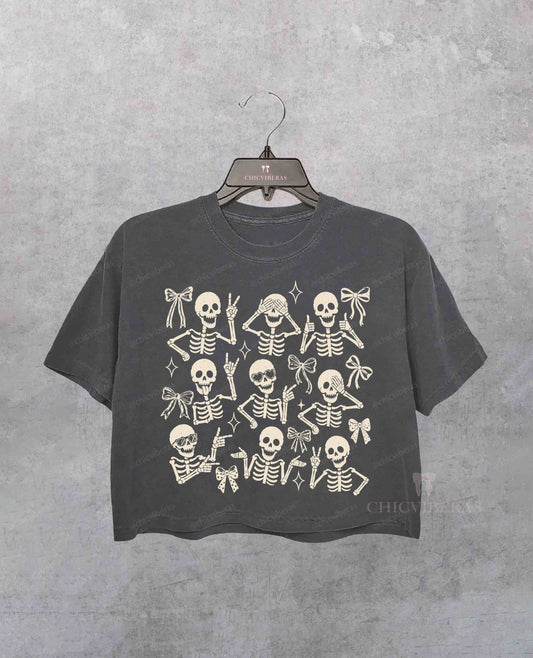 Retro Halloween Funny Skeleton Bow Crop Shirt