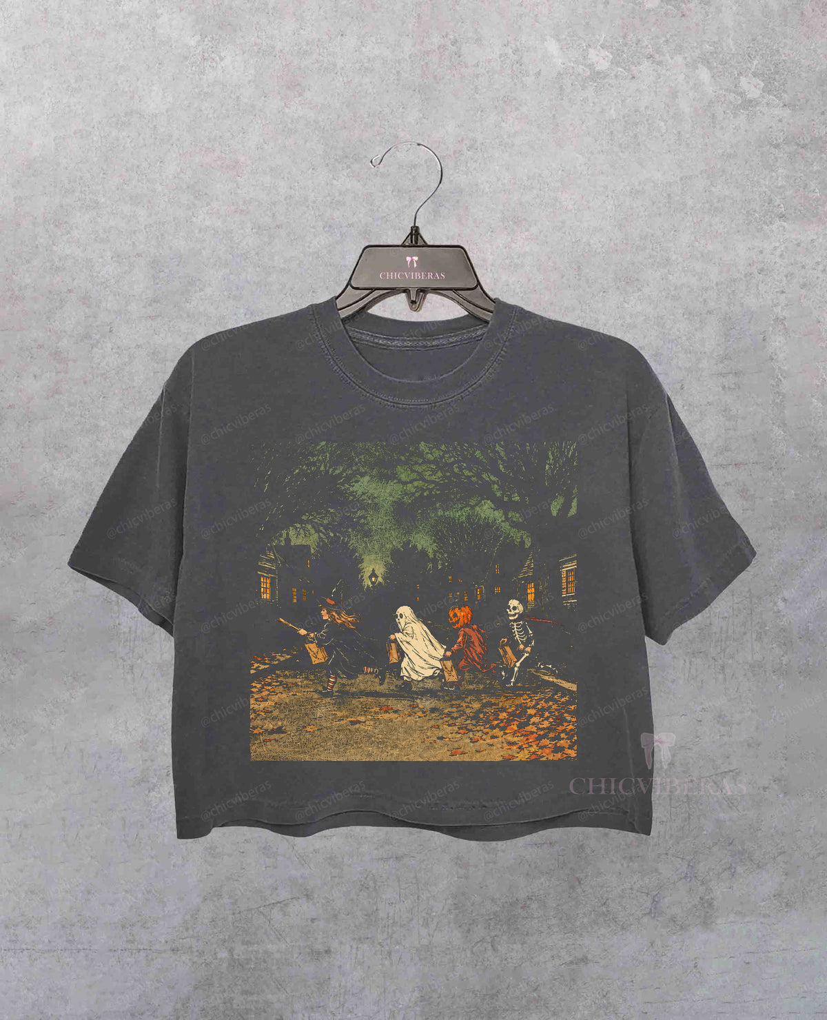 Halloween Ghost and Skeletons Forest Crop Shirt - Deep Gray