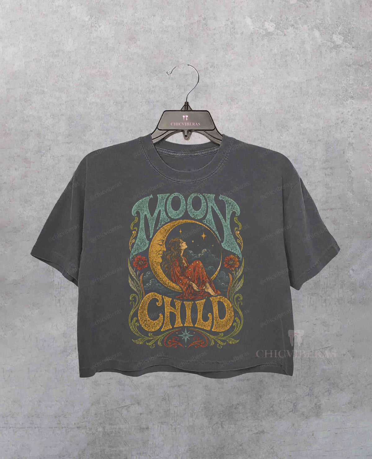 Moon Child Celestial Crop Shirt - Deep Gray