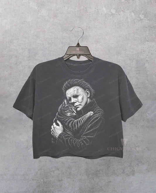 Michael Myers Holding Cat Vintage Horror Movie Crop Shirt