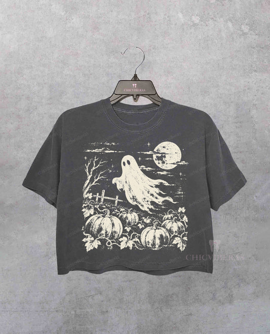 Ghost Pumpkin Patch Moonlight Crop Shirt - Deep Gray