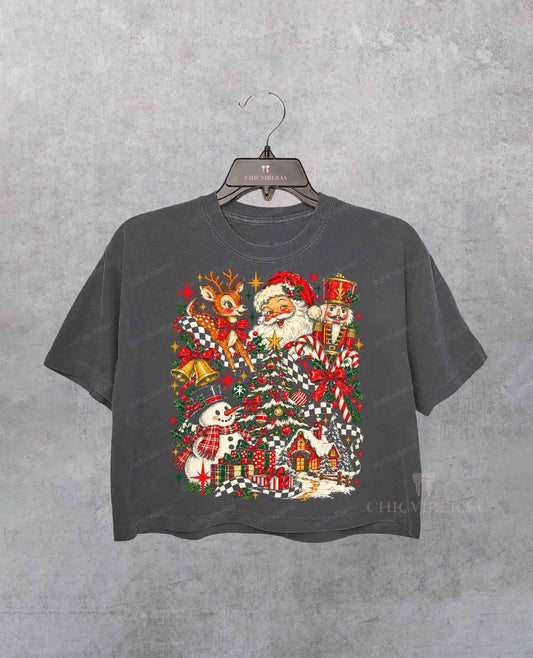 Vintage Santa Christmas Collage Crop Shirt