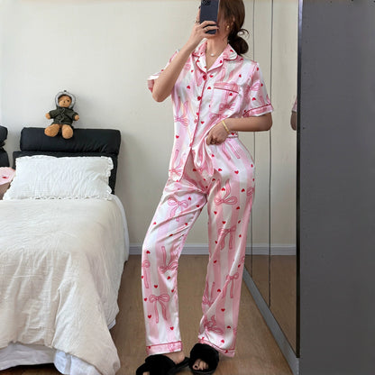 Pink Bow and Heart Satin Pajama Set