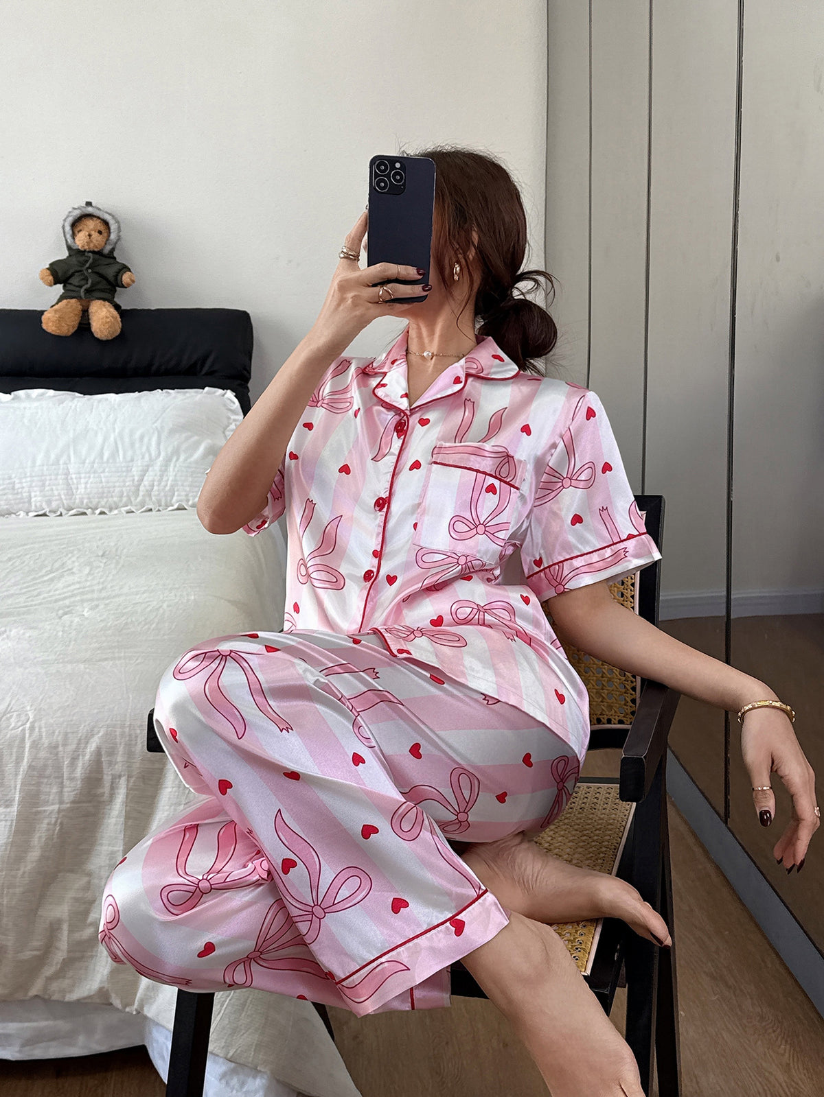 Pink Bow and Heart Satin Pajama Set