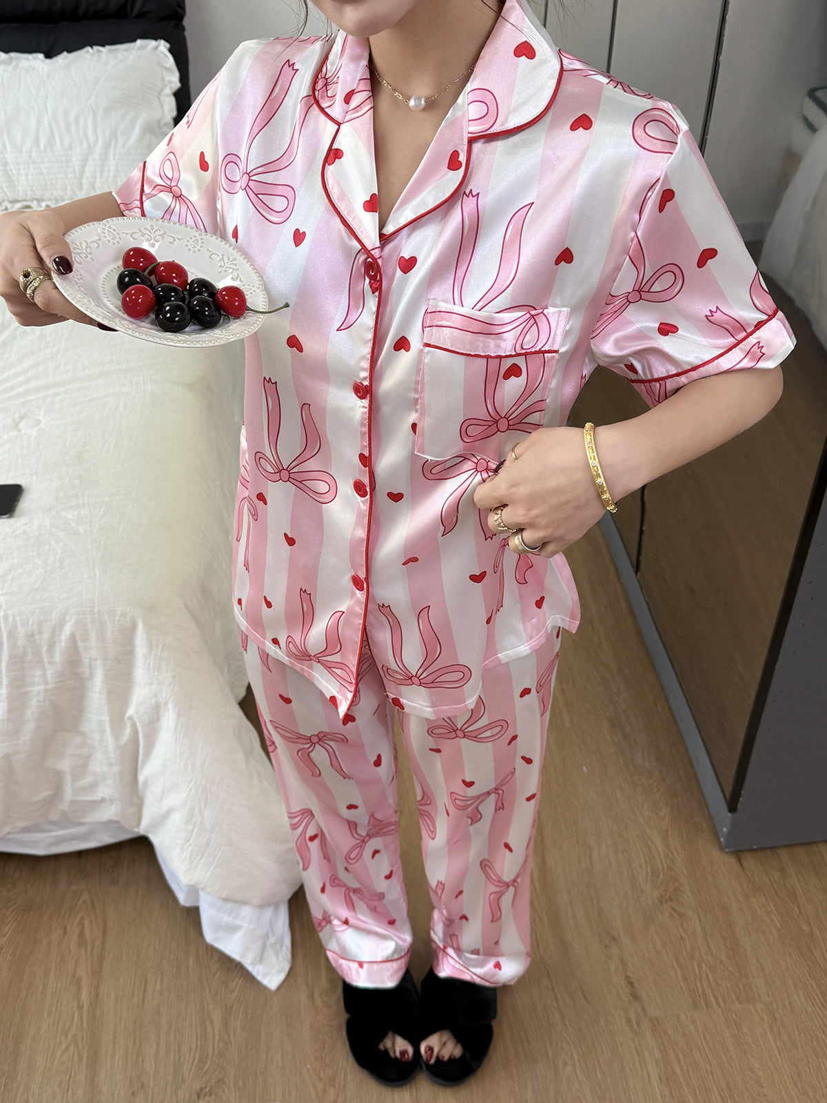 Pink Bow and Heart Satin Pajama Set
