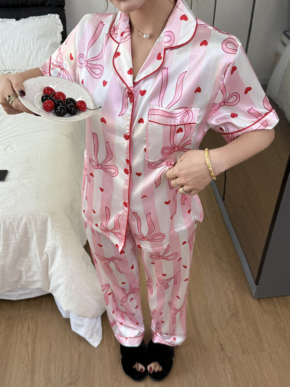Pink Bow and Heart Satin Pajama Set