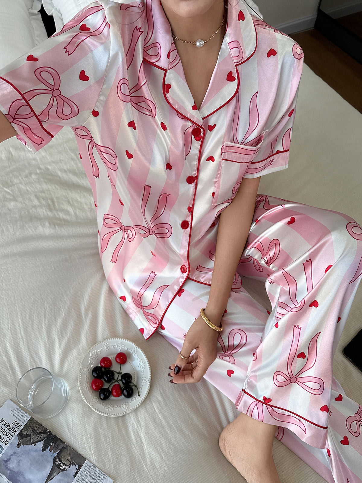 Pink Bow and Heart Satin Pajama Set