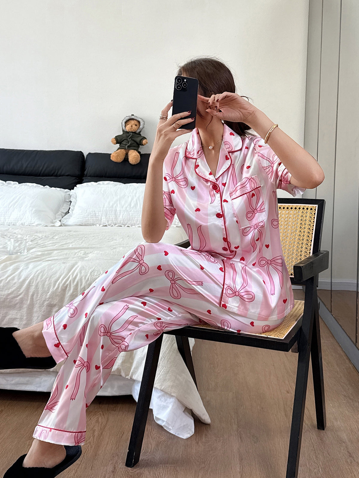 Pink Bow and Heart Satin Pajama Set