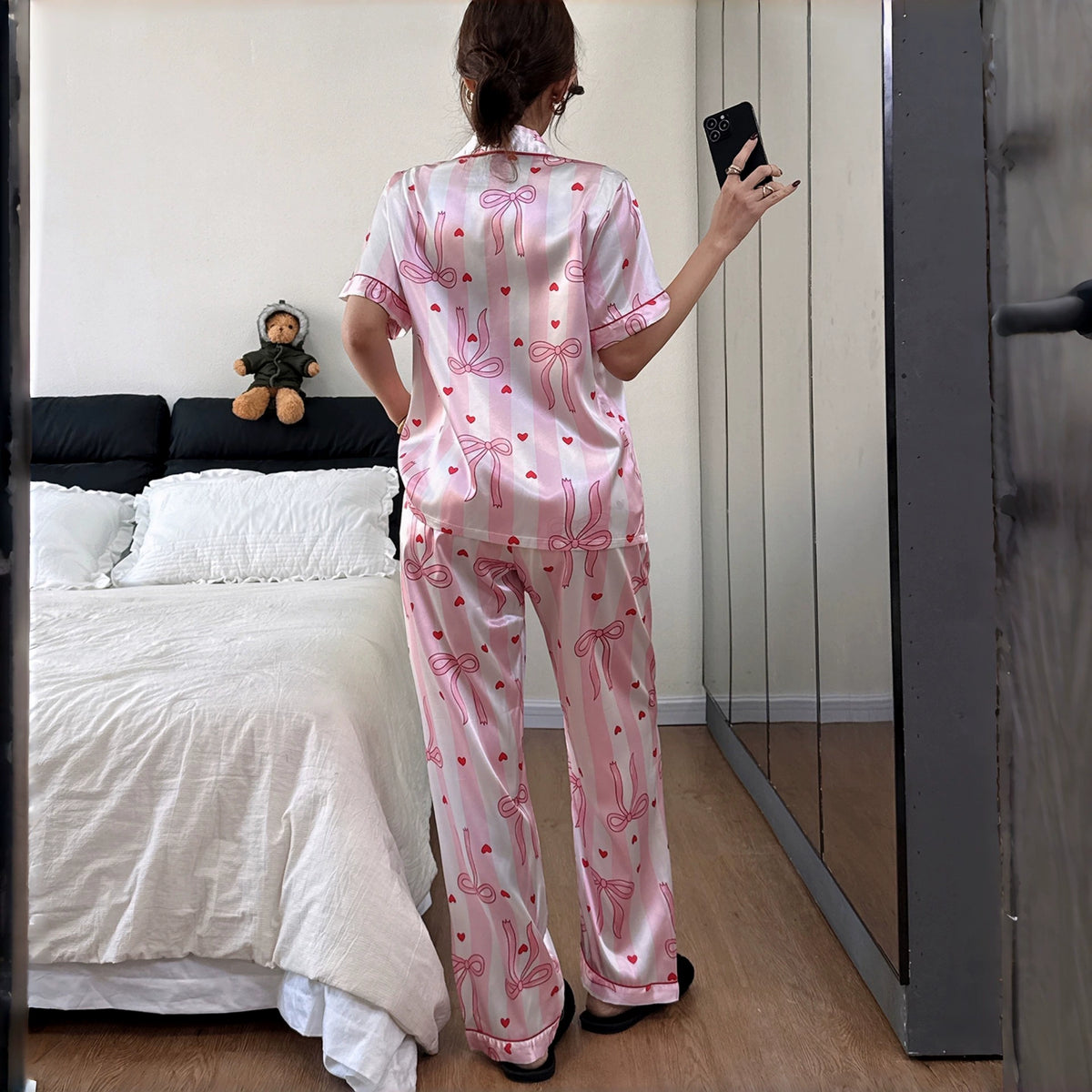 Pink Bow and Heart Satin Pajama Set
