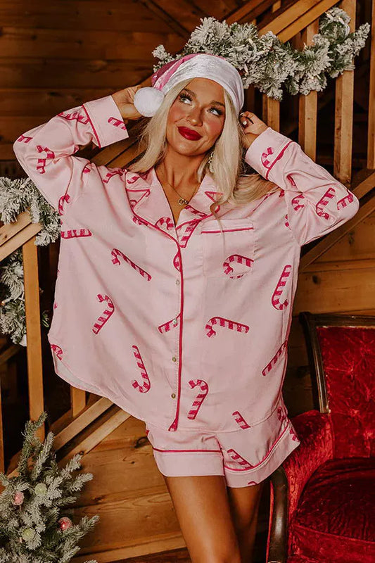 Pink Candy Cane Velvet Pajama Shorts Set