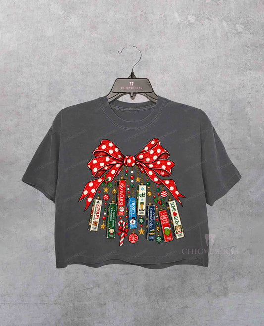 Christmas Books and Bow Crop Shirt