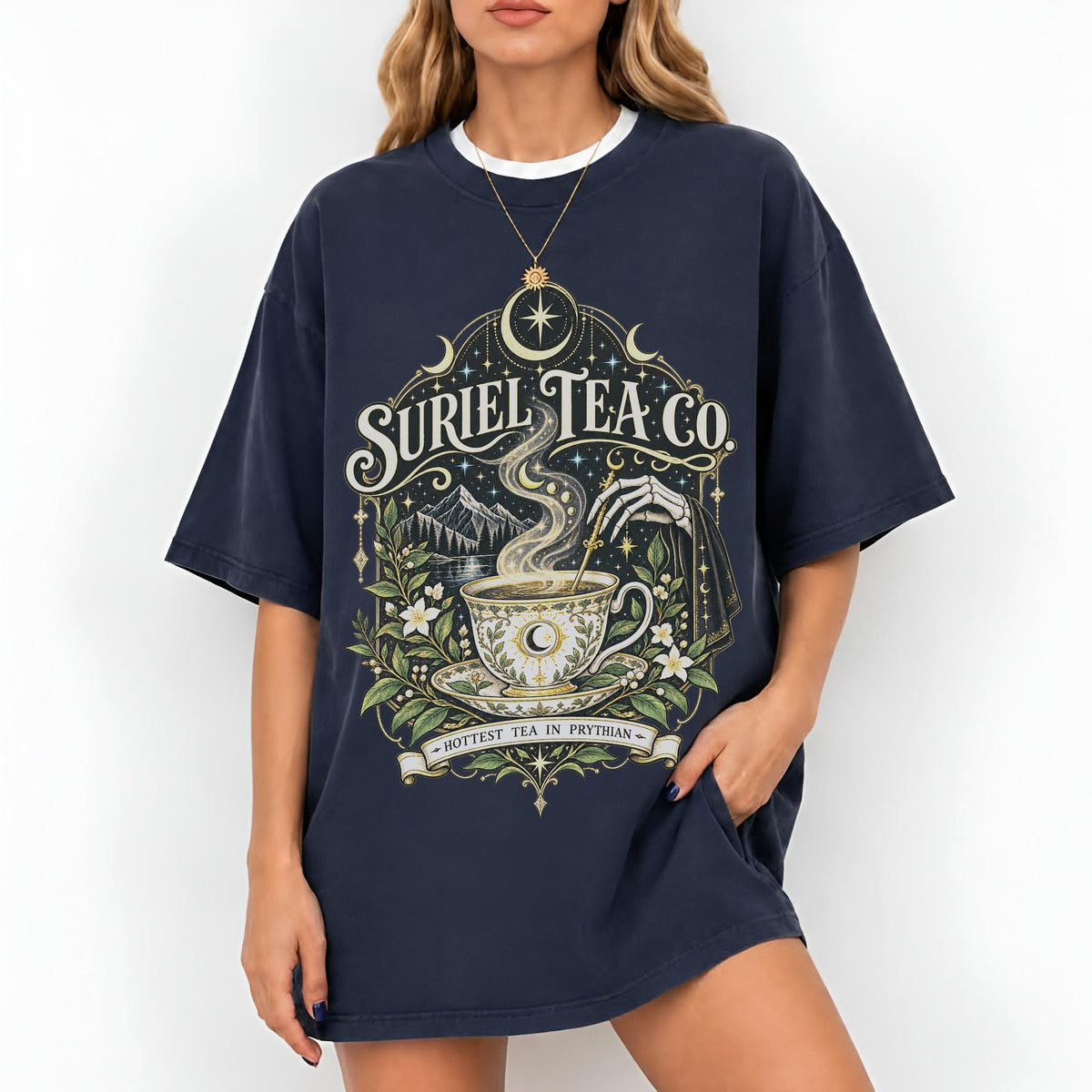 Suriel Tea Co Hottest Tea in Prythian Floral Tee Navy