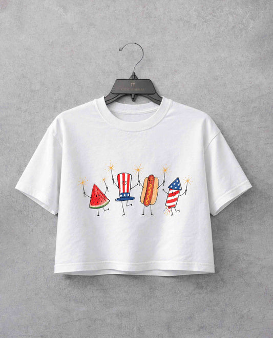 Patriotic Doodle Cute 4th of July Watermelon Hotdog Firework Crop Shirt
