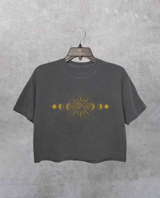 Boho Mystical Moon And Sun Crop Shirt