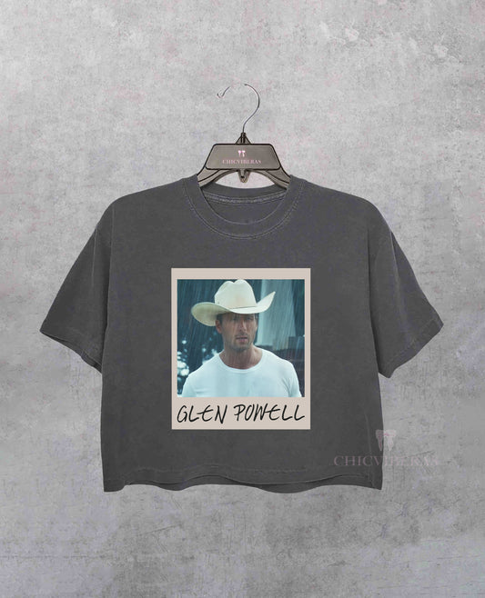 Glen Powell Cowboy Retro Photo Style Crop Shirt