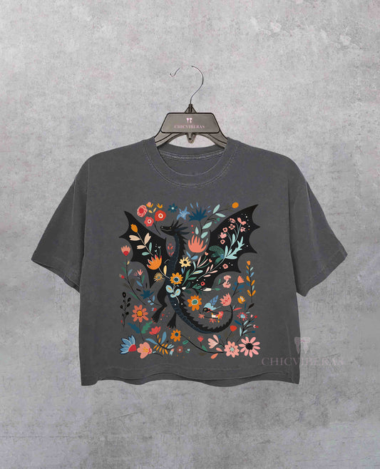 Floral Abraxos Fantasy Dragon Crop Shirt