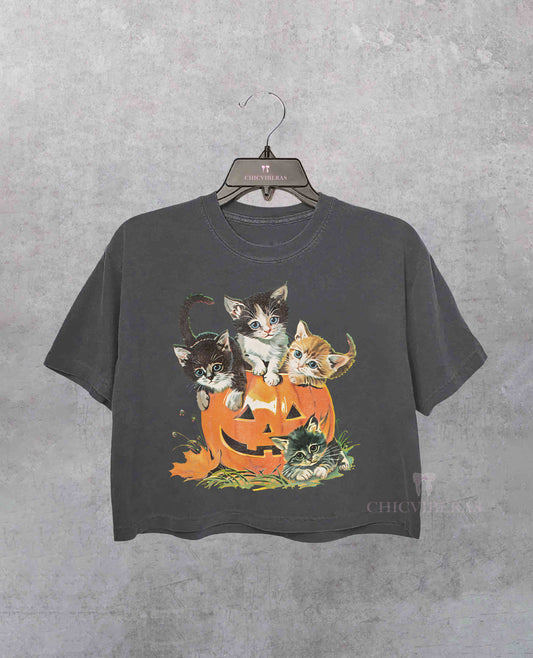 Cat Halloween Pumpkin Crop Shirt