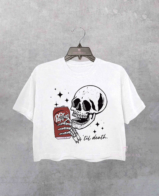 Till Death Dr. Pepper Skeleton Halloween Crop Shirt