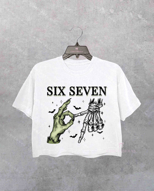 Six Seven 6 7 Meme Funny Witch Skeleton Hands Crop Shirt
