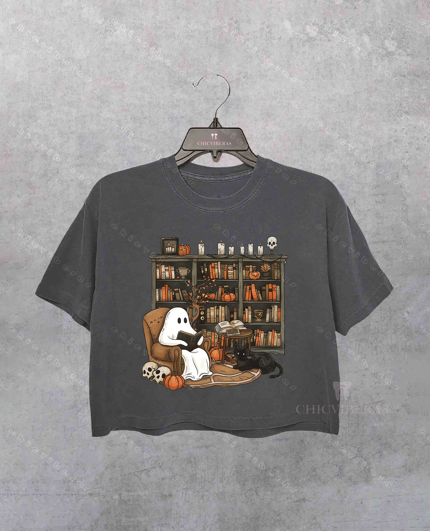 Retro Ghost Reading Books Crop Shirt