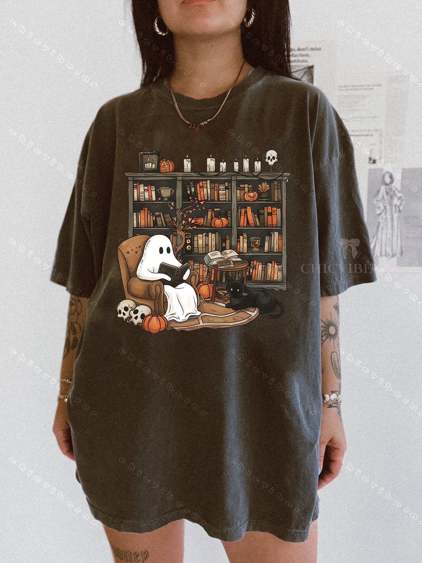 Retro Ghost Reading Books Tee