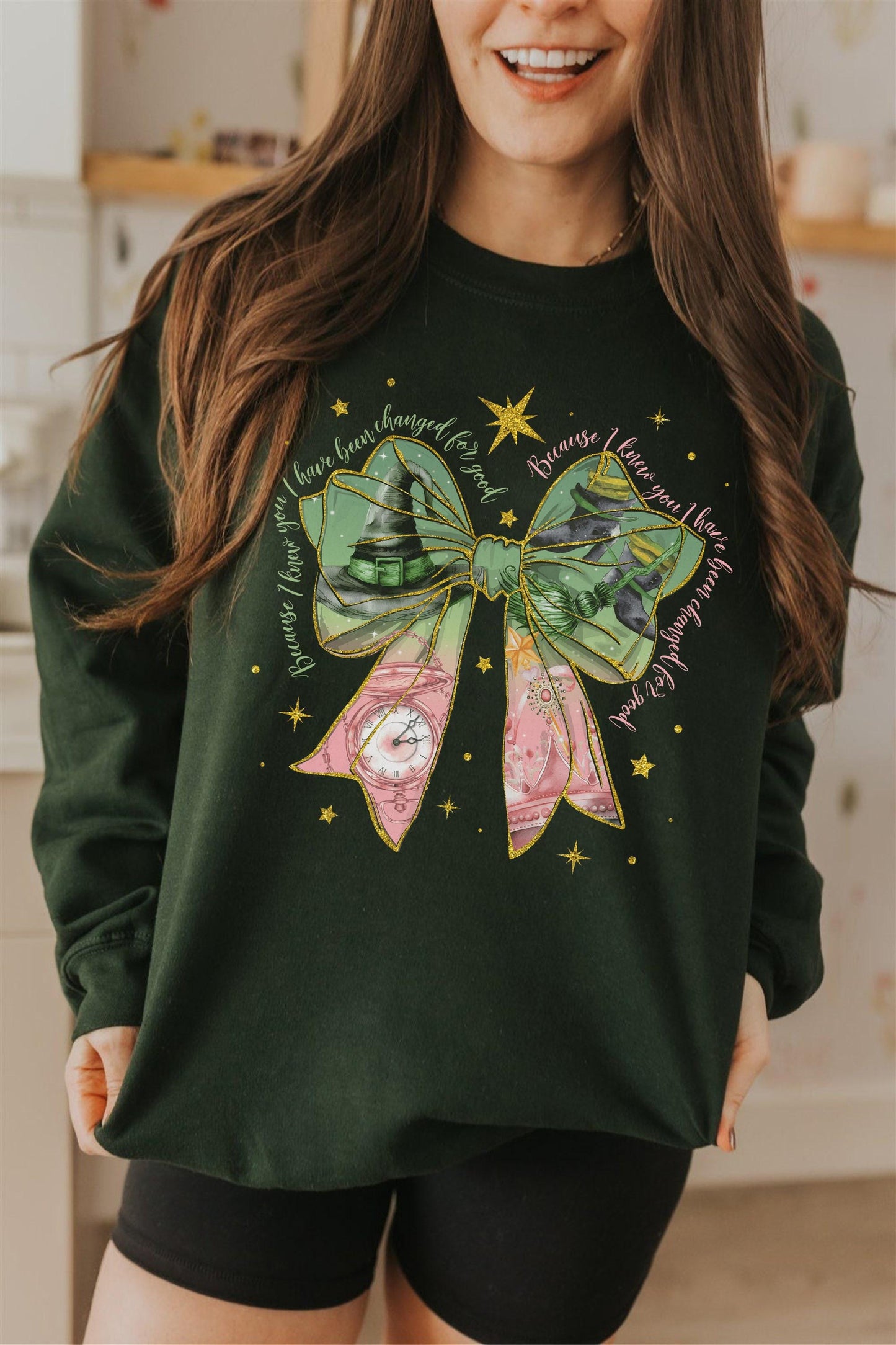 Coquette Bow Witch Pink And GreenCrewneck