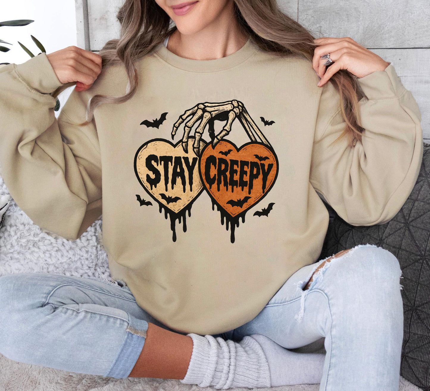 Stay Creepy Retro Dripping Heart Halloween Clipart Crewneck