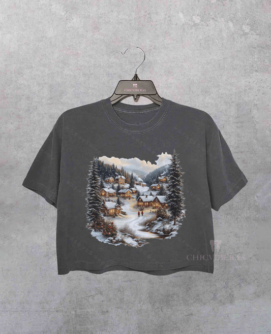 Retro Christmas Winter Village Crop Shirt