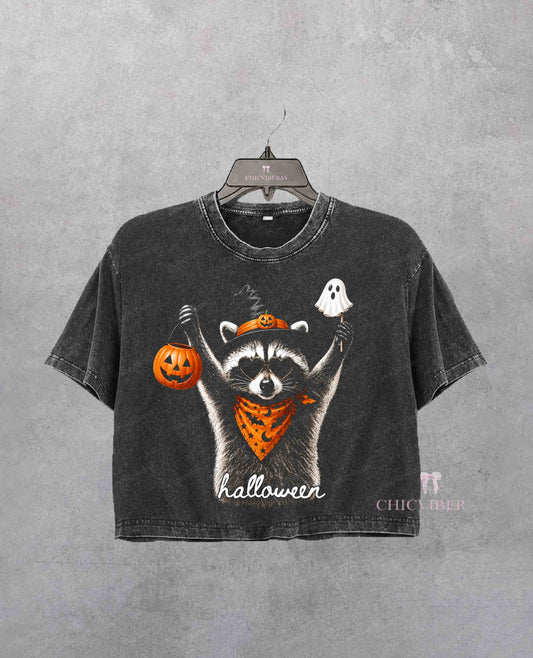 Halloween Raccoon Spooky Autumn Crop Shirt