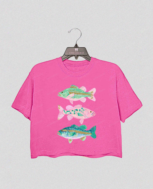 Preppy Fish Bass Coastal Beach Crop Shirt